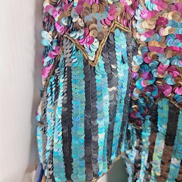 Vintage 80's La Scala Beaded Sequined Evening Dress Silk Party M Striped Glam - Picture 11 of 16